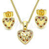 Juego de Arete y Dije de Adulto 10.233.0034.8 Oro Laminado, Diseño de Corazón, con Granate and Blanca Micro Pave, Pulido, Tono Dorado