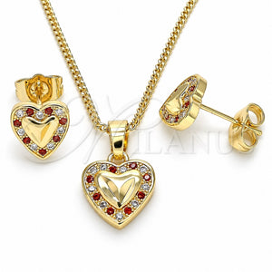 Juego de Arete y Dije de Adulto 10.233.0034.8 Oro Laminado, Diseño de Corazón, con Granate and Blanca Micro Pave, Pulido, Tono Dorado