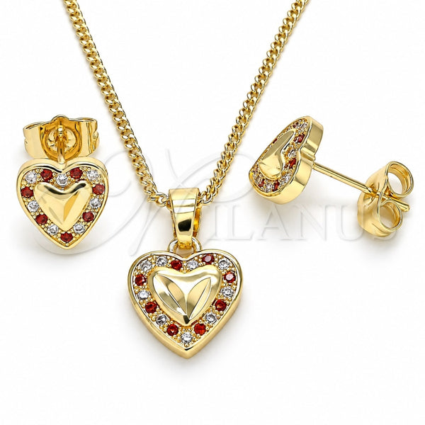 Juego de Arete y Dije de Adulto 10.233.0034.8 Oro Laminado, Diseño de Corazón, con Granate and Blanca Micro Pave, Pulido, Tono Dorado