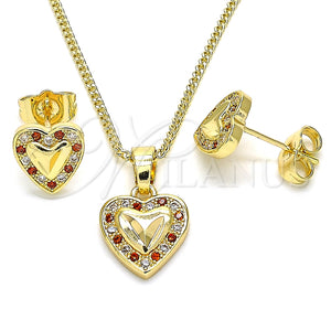 Juego de Arete y Dije de Adulto 10.233.0034.8 Oro Laminado, Diseño de Corazón, con Granate and Blanca Micro Pave, Pulido, Tono Dorado