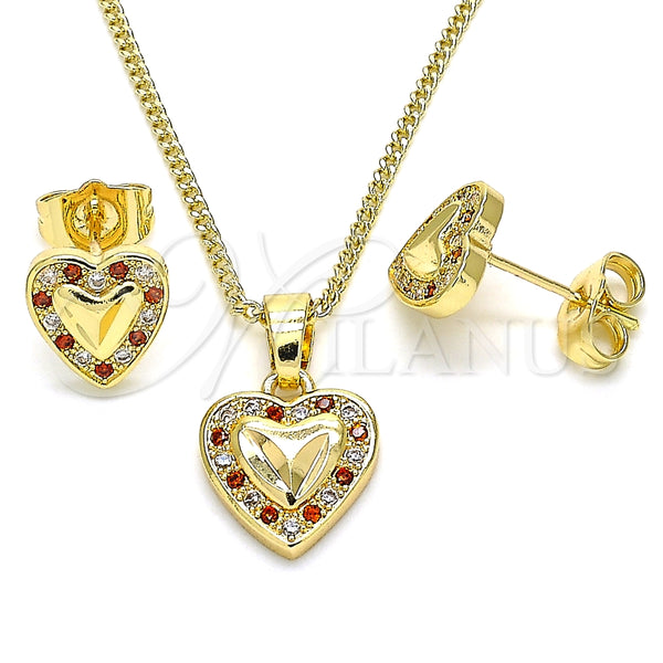 Juego de Arete y Dije de Adulto 10.233.0034.8 Oro Laminado, Diseño de Corazón, con Granate and Blanca Micro Pave, Pulido, Tono Dorado