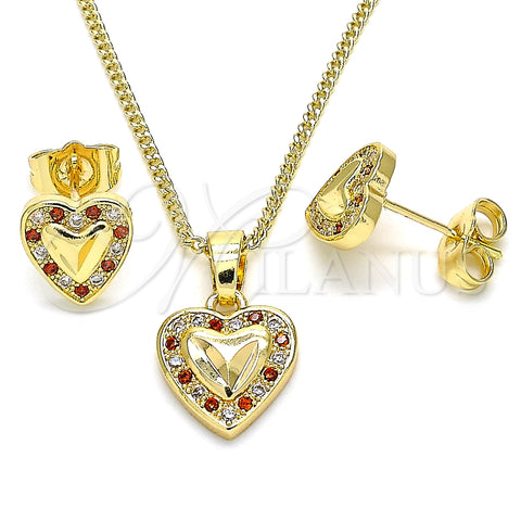 Juego de Arete y Dije de Adulto 10.233.0034.8 Oro Laminado, Diseño de Corazón, con Granate and Blanca Micro Pave, Pulido, Tono Dorado