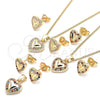 Juego de Arete y Dije de Adulto 10.233.0034.8 Oro Laminado, Diseño de Corazón, con Granate and Blanca Micro Pave, Pulido, Tono Dorado