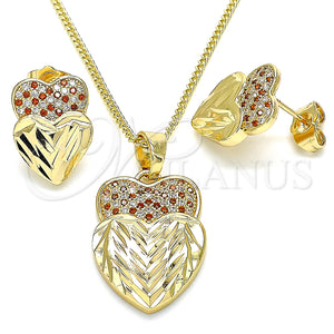 Juego de Arete y Dije de Adulto 10.233.0040.7 Oro Laminado, Diseño de Corazón, con Granate and Blanca Micro Pave, Diamantado, Tono Dorado