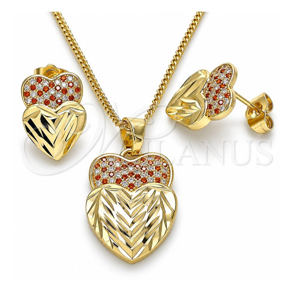 Juego de Arete y Dije de Adulto 10.233.0040.7 Oro Laminado, Diseño de Corazón, con Granate and Blanca Micro Pave, Diamantado, Tono Dorado