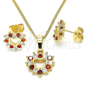 Juego de Arete y Dije de Adulto 10.233.0042.1 Oro Laminado, Diseño de Corazón, con Granate and Blanca Zirconia Cubica, Pulido, Tono Dorado