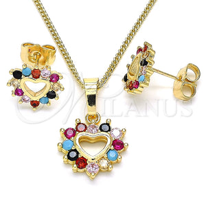 Juego de Arete y Dije de Adulto 10.233.0042.2 Oro Laminado, Diseño de Corazón, con Multicolor Zirconia Cubica, Pulido, Tono Dorado