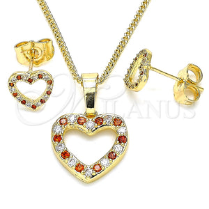 Juego de Arete y Dije de Adulto 10.233.0043.1 Oro Laminado, Diseño de Corazón, con Granate and Blanca Micro Pave, Pulido, Tono Dorado