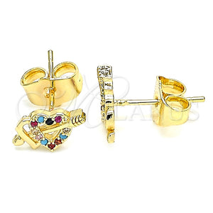 Arete Dormilona 02.233.0050.2 Oro Laminado, Diseño de Corazón, con Multicolor Micro Pave, Pulido, Tono Dorado