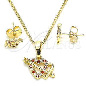 Juego de Arete y Dije de Adulto 10.233.0044.1 Oro Laminado, Diseño de Corazón, con Granate and Blanca Micro Pave, Pulido, Tono Dorado