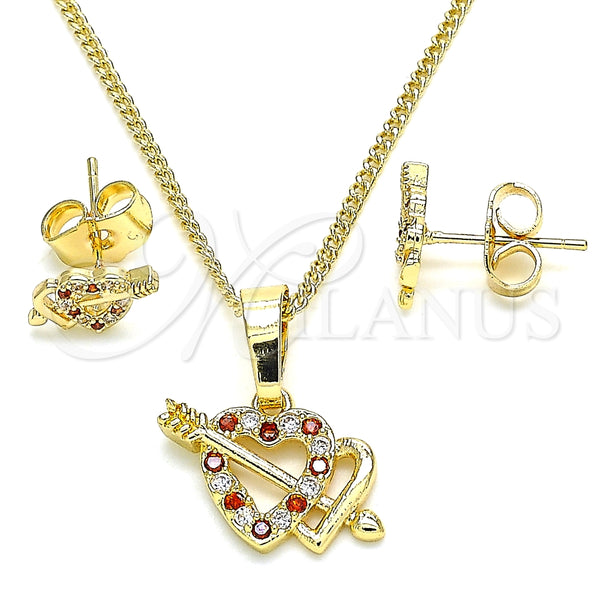 Juego de Arete y Dije de Adulto 10.233.0044.1 Oro Laminado, Diseño de Corazón, con Granate and Blanca Micro Pave, Pulido, Tono Dorado