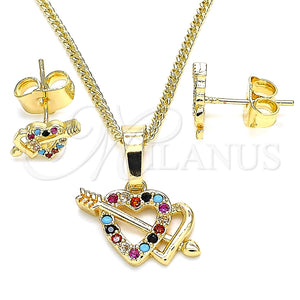 Juego de Arete y Dije de Adulto 10.233.0044.2 Oro Laminado, Diseño de Corazón, con Multicolor Micro Pave, Pulido, Tono Dorado
