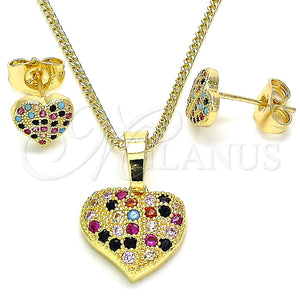 Juego de Arete y Dije de Adulto 10.233.0045.2 Oro Laminado, Diseño de Corazón, con Multicolor Micro Pave, Pulido, Tono Dorado