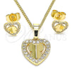 Juego de Arete y Dije de Adulto 10.233.0046 Oro Laminado, Diseño de Corazón y Mariposa, con Blanca Micro Pave, Pulido, Tono Dorado