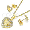 Juego de Arete y Dije de Adulto 10.233.0046 Oro Laminado, Diseño de Corazón y Mariposa, con Blanca Micro Pave, Pulido, Tono Dorado