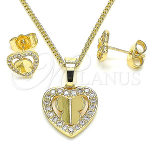 Juego de Arete y Dije de Adulto 10.233.0046 Oro Laminado, Diseño de Corazón y Mariposa, con Blanca Micro Pave, Pulido, Tono Dorado