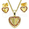 Juego de Arete y Dije de Adulto 10.233.0046.1 Oro Laminado, Diseño de Corazón y Mariposa, con Granate Micro Pave, Pulido, Tono Dorado