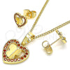Juego de Arete y Dije de Adulto 10.233.0046.1 Oro Laminado, Diseño de Corazón y Mariposa, con Granate Micro Pave, Pulido, Tono Dorado
