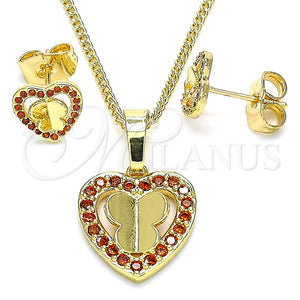 Juego de Arete y Dije de Adulto 10.233.0046.1 Oro Laminado, Diseño de Corazón y Mariposa, con Granate Micro Pave, Pulido, Tono Dorado