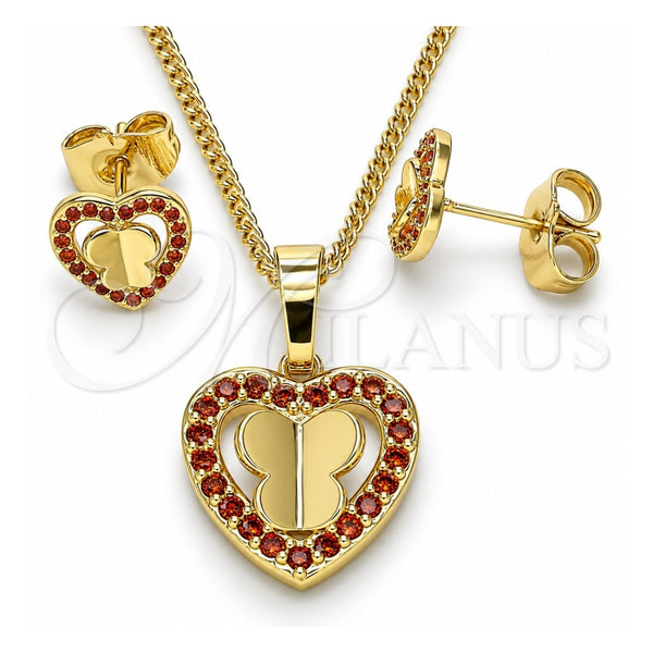 Juego de Arete y Dije de Adulto 10.233.0046.1 Oro Laminado, Diseño de Corazón y Mariposa, con Granate Micro Pave, Pulido, Tono Dorado