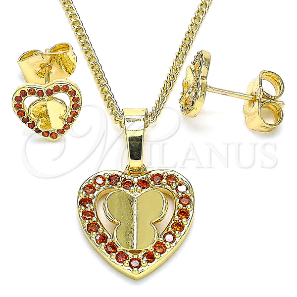 Juego de Arete y Dije de Adulto 10.233.0046.1 Oro Laminado, Diseño de Corazón y Mariposa, con Granate Micro Pave, Pulido, Tono Dorado