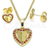 Juego de Arete y Dije de Adulto 10.233.0046.1 Oro Laminado, Diseño de Corazón y Mariposa, con Granate Micro Pave, Pulido, Tono Dorado