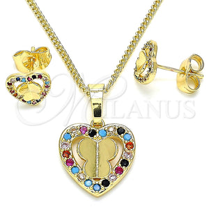Juego de Arete y Dije de Adulto 10.233.0046.2 Oro Laminado, Diseño de Corazón y Mariposa, con Multicolor Micro Pave, Pulido, Tono Dorado