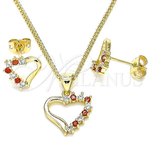 Juego de Arete y Dije de Adulto 10.213.0013.1 Oro Laminado, Diseño de Corazón, con Granate and Blanca Zirconia Cubica, Pulido, Tono Dorado