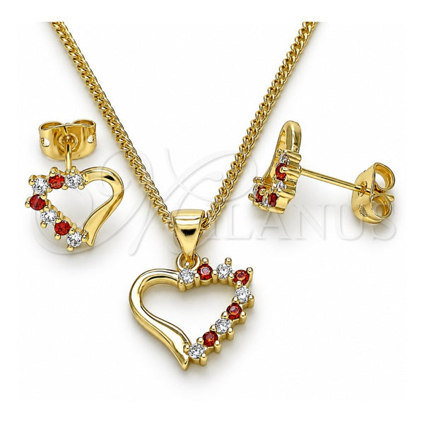 Juego de Arete y Dije de Adulto 10.213.0013.1 Oro Laminado, Diseño de Corazón, con Granate and Blanca Zirconia Cubica, Pulido, Tono Dorado