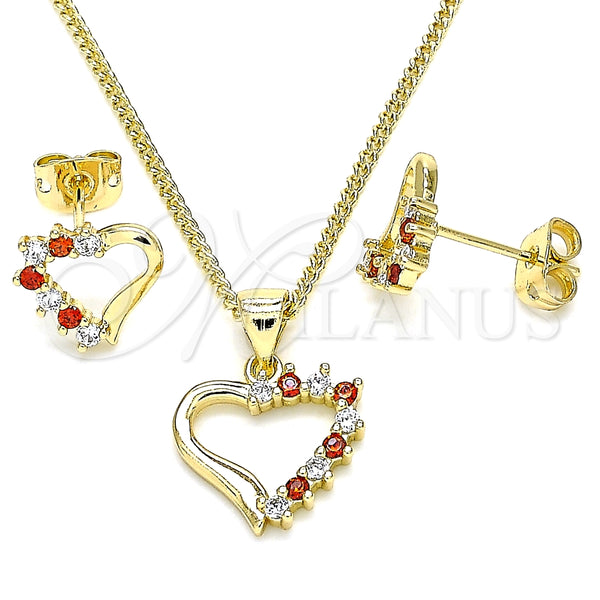 Juego de Arete y Dije de Adulto 10.213.0013.1 Oro Laminado, Diseño de Corazón, con Granate and Blanca Zirconia Cubica, Pulido, Tono Dorado