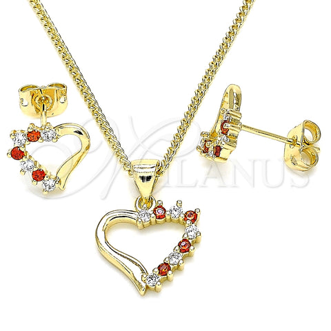 Juego de Arete y Dije de Adulto 10.213.0013.1 Oro Laminado, Diseño de Corazón, con Granate and Blanca Zirconia Cubica, Pulido, Tono Dorado