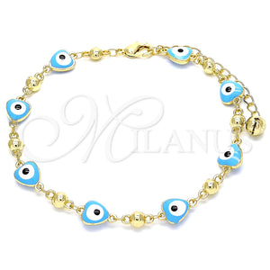 Tobillera Elegante 03.213.0037.4.10 Oro Laminado, Diseño de Ojo Griego y Manos, Esmaltado Turquesa, Tono Dorado (08 MM Thickness, 10 Inches Length)