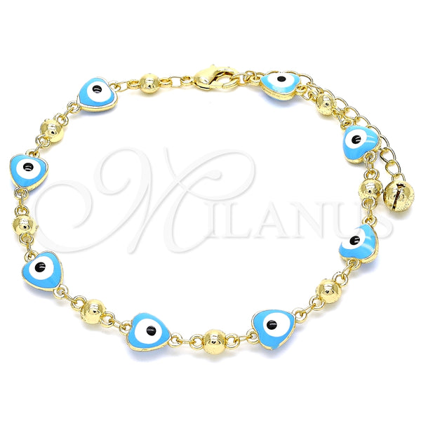 Tobillera Elegante 03.213.0037.4.10 Oro Laminado, Diseño de Ojo Griego y Manos, Esmaltado Turquesa, Tono Dorado (08 MM Thickness, 10 Inches Length)