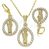 Juego de Arete y Dije de Adulto 10.351.0013 Oro Laminado, Diseño de San Judas y Gota, con Blanca Cristal, Pulido, Tono Dorado