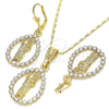 Juego de Arete y Dije de Adulto 10.351.0013 Oro Laminado, Diseño de San Judas y Gota, con Blanca Cristal, Pulido, Tono Dorado