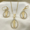 Juego de Arete y Dije de Adulto 10.351.0013 Oro Laminado, Diseño de San Judas y Gota, con Blanca Cristal, Pulido, Tono Dorado