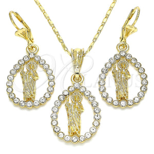 Juego de Arete y Dije de Adulto 10.351.0013 Oro Laminado, Diseño de San Judas y Gota, con Blanca Cristal, Pulido, Tono Dorado