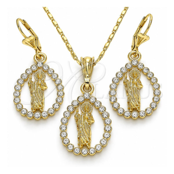 Juego de Arete y Dije de Adulto 10.351.0013 Oro Laminado, Diseño de San Judas y Gota, con Blanca Cristal, Pulido, Tono Dorado
