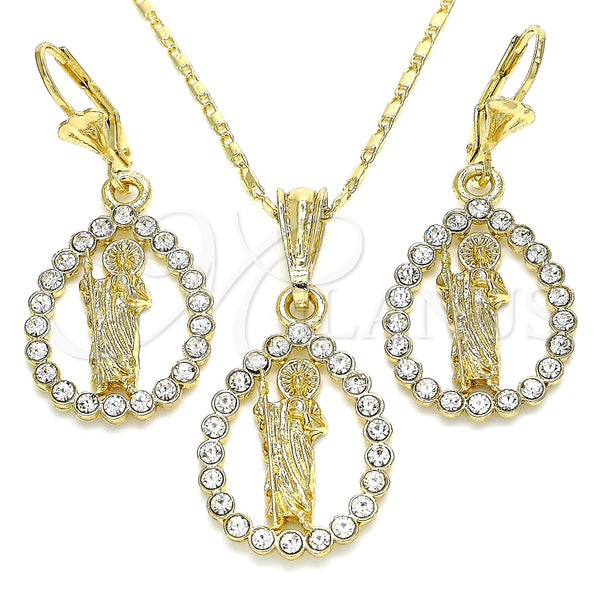 Juego de Arete y Dije de Adulto 10.351.0013 Oro Laminado, Diseño de San Judas y Gota, con Blanca Cristal, Pulido, Tono Dorado