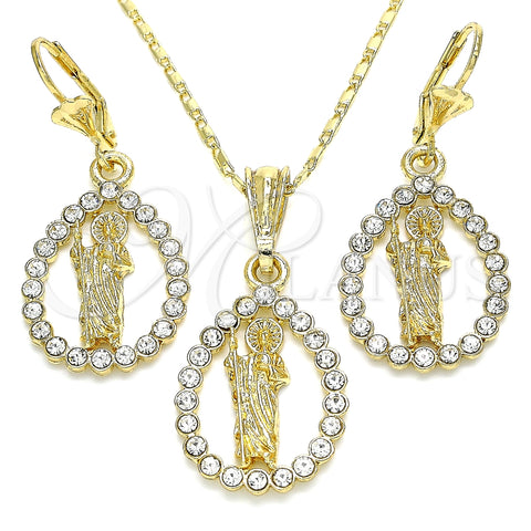 Juego de Arete y Dije de Adulto 10.351.0013 Oro Laminado, Diseño de San Judas y Gota, con Blanca Cristal, Pulido, Tono Dorado