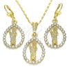 Juego de Arete y Dije de Adulto 10.351.0013 Oro Laminado, Diseño de San Judas y Gota, con Blanca Cristal, Pulido, Tono Dorado