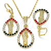 Juego de Arete y Dije de Adulto 10.351.0013.1 Oro Laminado, Diseño de San Judas y Gota, con Multicolor Cristal, Pulido, Tono Dorado