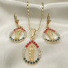 Juego de Arete y Dije de Adulto 10.351.0013.1 Oro Laminado, Diseño de San Judas y Gota, con Multicolor Cristal, Pulido, Tono Dorado