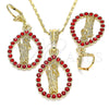 Juego de Arete y Dije de Adulto 10.351.0013.2 Oro Laminado, Diseño de San Judas y Gota, con Granate Cristal, Pulido, Tono Dorado
