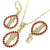 Juego de Arete y Dije de Adulto 10.351.0013.2 Oro Laminado, Diseño de San Judas y Gota, con Granate Cristal, Pulido, Tono Dorado