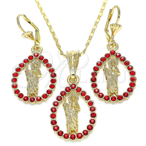 Juego de Arete y Dije de Adulto 10.351.0013.2 Oro Laminado, Diseño de San Judas y Gota, con Granate Cristal, Pulido, Tono Dorado