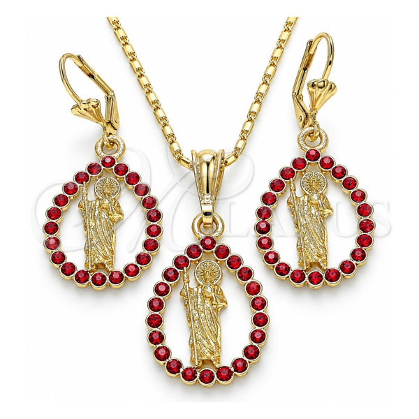 Juego de Arete y Dije de Adulto 10.351.0013.2 Oro Laminado, Diseño de San Judas y Gota, con Granate Cristal, Pulido, Tono Dorado