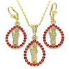 Juego de Arete y Dije de Adulto 10.351.0013.2 Oro Laminado, Diseño de San Judas y Gota, con Granate Cristal, Pulido, Tono Dorado