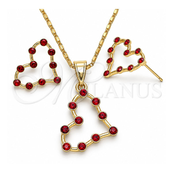 Juego de Arete y Dije de Adulto 10.351.0014.1 Oro Laminado, Diseño de Corazón, con Granate Cristal, Pulido, Tono Dorado