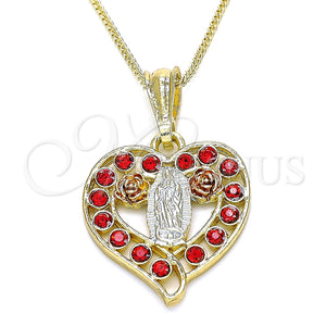 Collares con Dije 04.351.0025.20 Oro Laminado, Diseño de Guadalupe y Corazón, con Granate Cristal, Pulido, Tres Tonos (02 MM Thickness, 20 Inches Length)